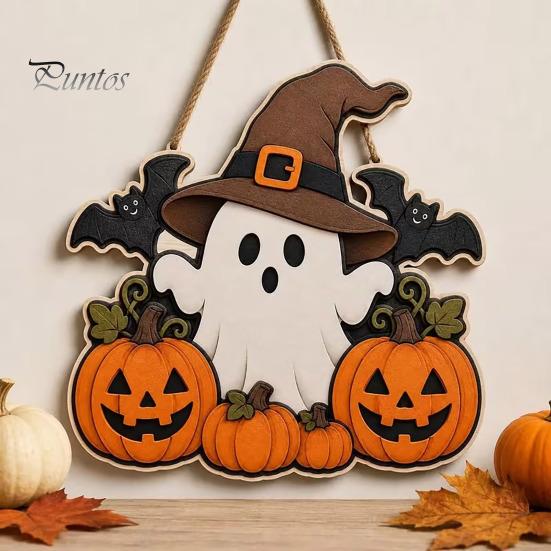 Seasonal Home Accents Halloween Wooden Ghost Welcome Sign for Front Door, Rustic Cartoon Hanging Trick or Treat Plaque with Pumpkin Wizard Hat