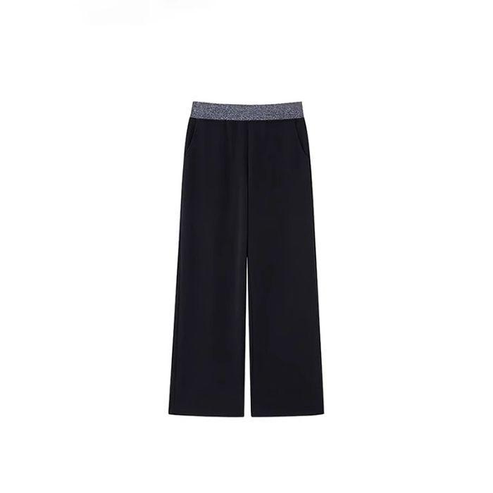 Women's Black Sports Sweatpants - Loose, Straight, Wide-Leg, Floor-Length, Slimming Drape, Spring Casual Wear