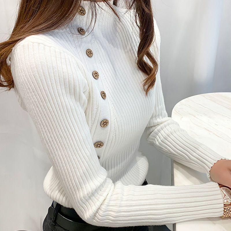 New interior style slim fit and fashionable half high collar long sleeved sweater knitted base pullover women's chic top