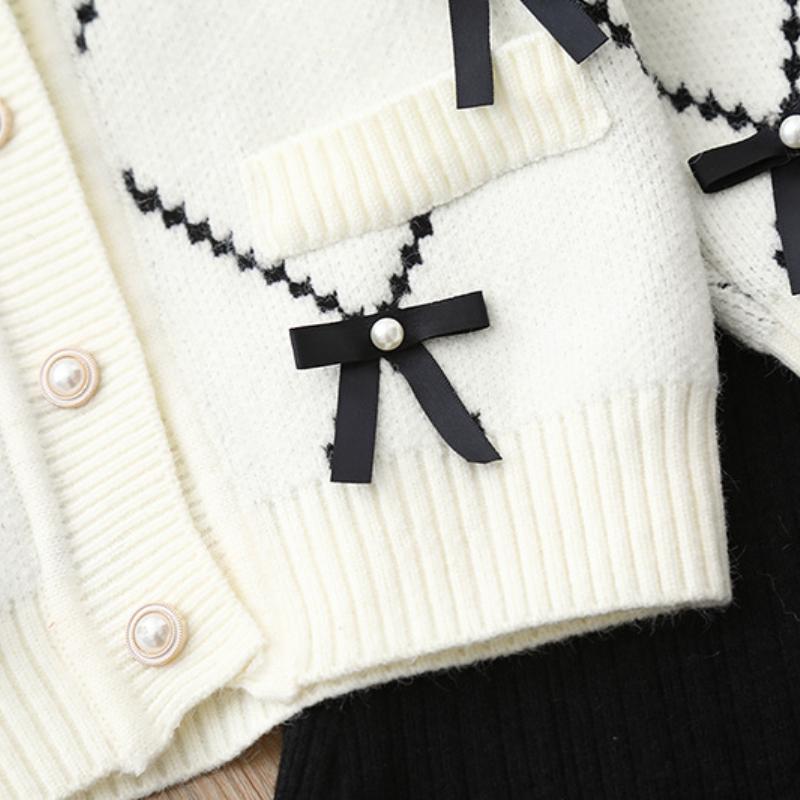 Set Pulover și Pantaloni pentru Fete Haine pentru Copii Set Tricotat din Două Piese Fată Cardigan cu Fundă Jachetă Costum 1-8 Ani