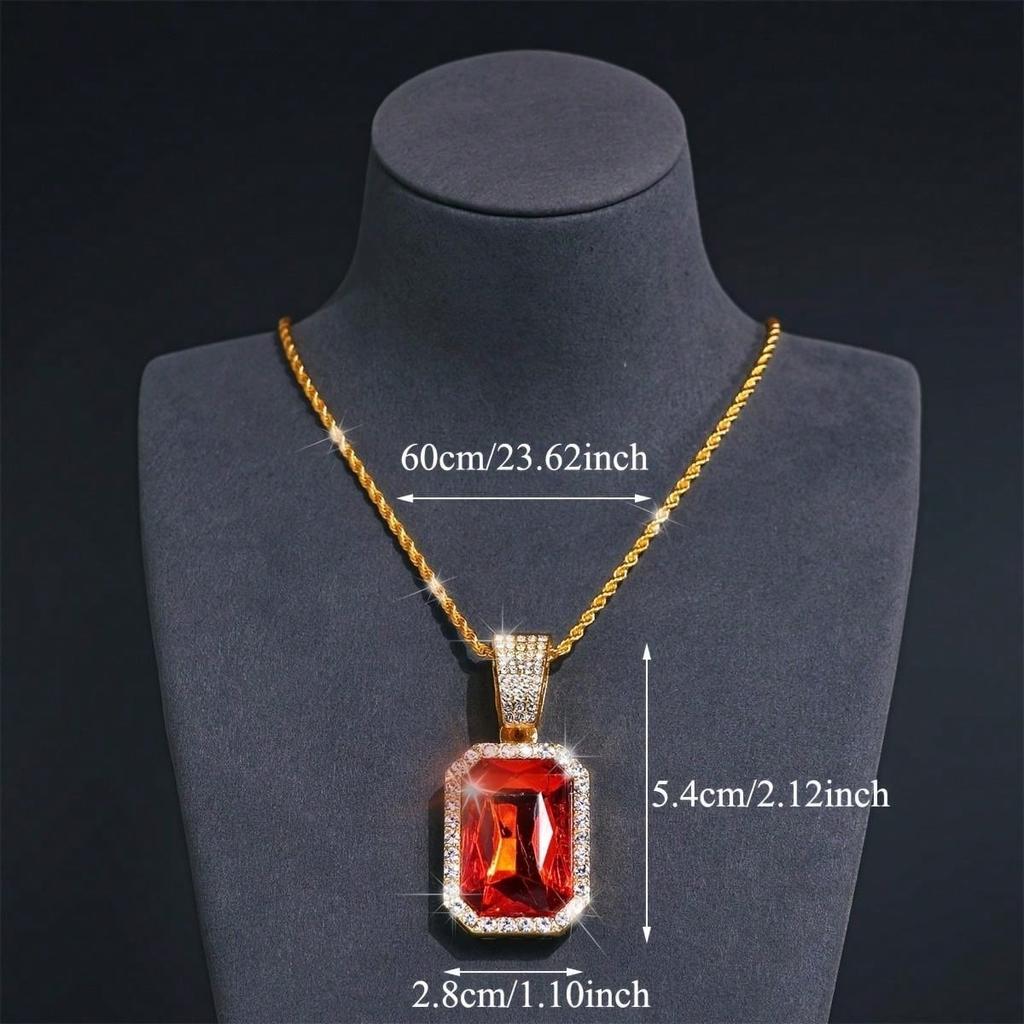 Fashion Red Rhinestone Pendant Necklace For Men with Zircon Cuban Chain Iced Out Bling Hiphop Necklaces Rock Biker Jewelry Gifts