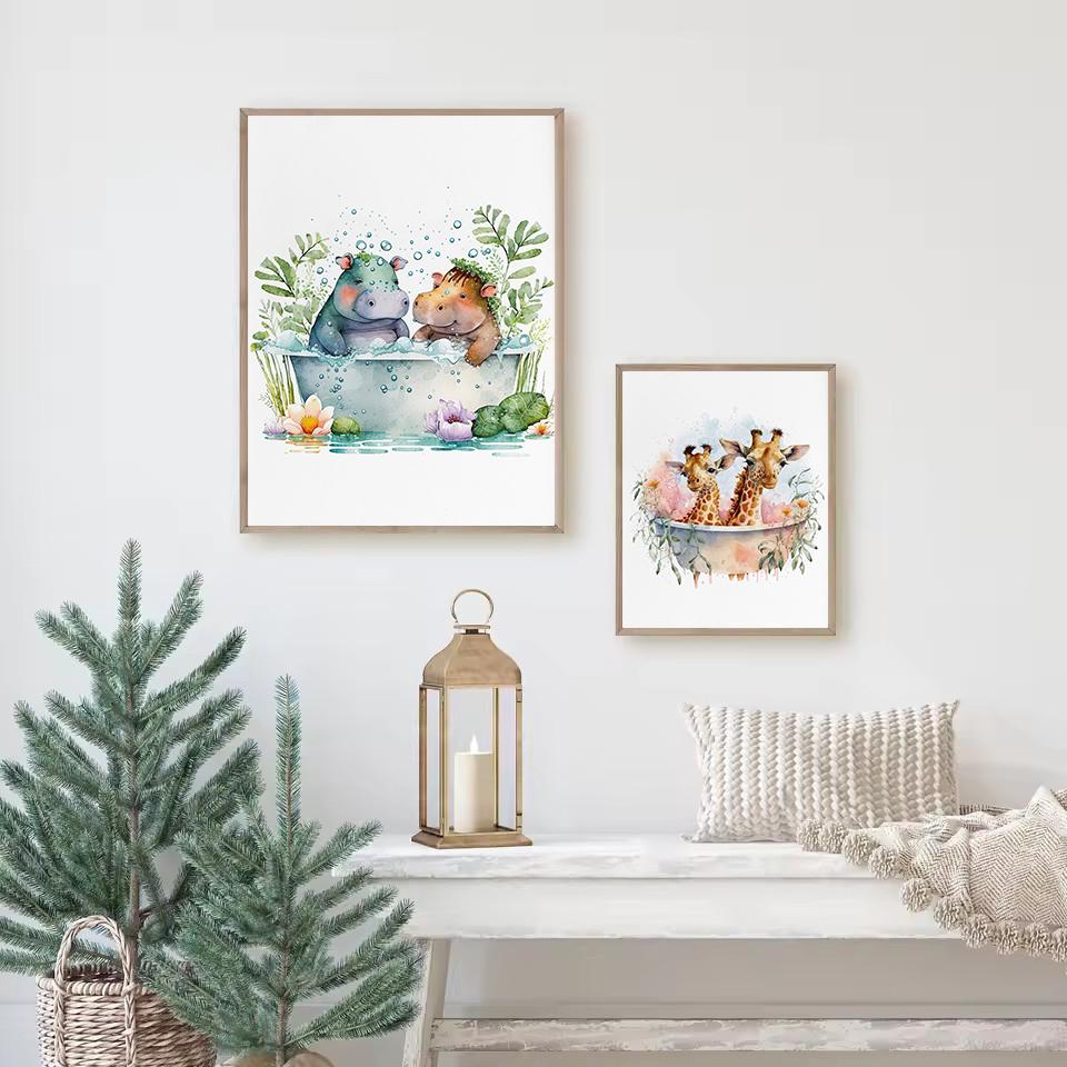 Watercolor Bathroom Tropical Animals Deer Hippo Penguin In Tub Poster Canvas Painting Wall Art Pictures Home Toilet Decor