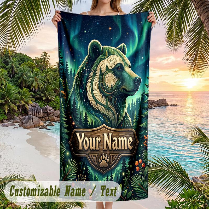 Northern Lights Bear Theme Quick Dry Beach Towel Custom Name Text Print Large Sand Resistant Towel Beach Vacation
