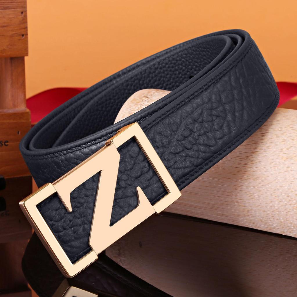 Men's Z Letter Business Casual Buffalo Leather Belt with Stainless Steel Buckle