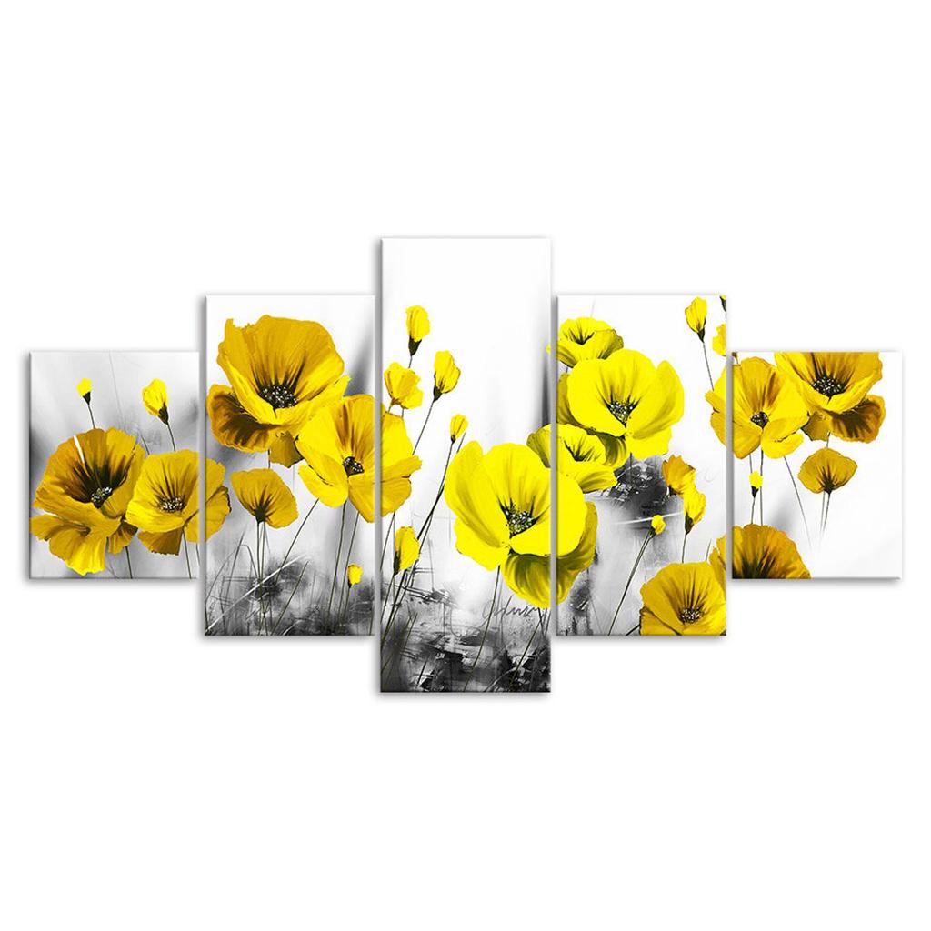 Abstract Yellow Poppy Flowers 5 Piece Five Panel Wall Canvas Print Modern Art Poster Picture Home Decor Gift For Him For Her