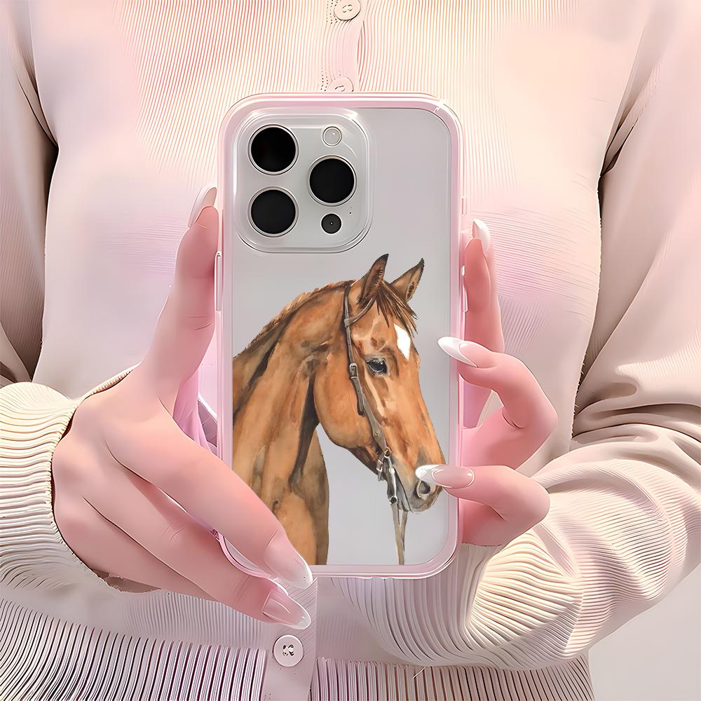 Retro Watercolor Horse Pattern Clear Phone Case For iPhone 17Air 16 15 14 13 12 11 Pro Max 14 Plus 2 In 1 Candy Color Soft Cover