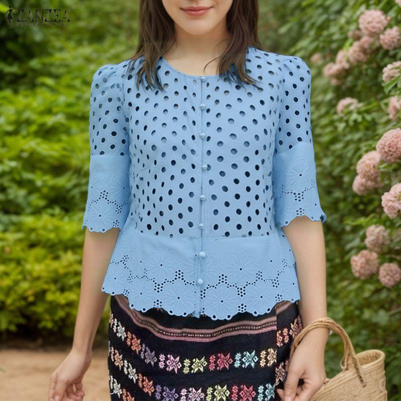 

ZANZEA Женская повседневная блузка с круглым вырезом, рукавом до локтя, свободного кроя, в стиле пэчворк S синий