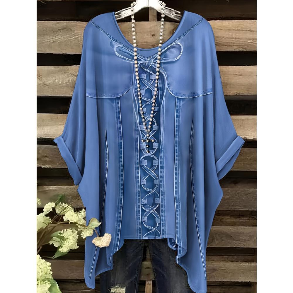 Women 's T-Shirt Simple Color Gradient Print Elegant Irregular Hem O- Neck Women's Clothing Casual T-Shirt Vacation Style Loose