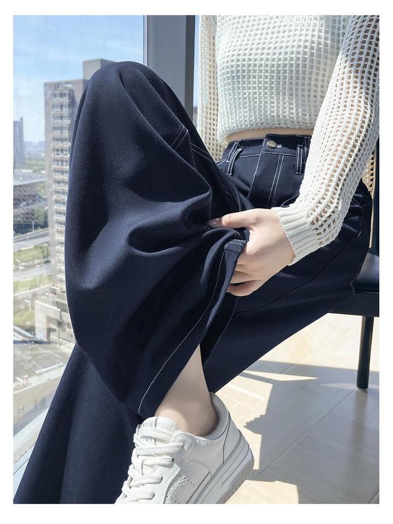 Women's High-Waisted Black Denim Wide-Leg Pants - Autumn Slim-Fit, Petite Loose, Floor-Length Casual Trousers.