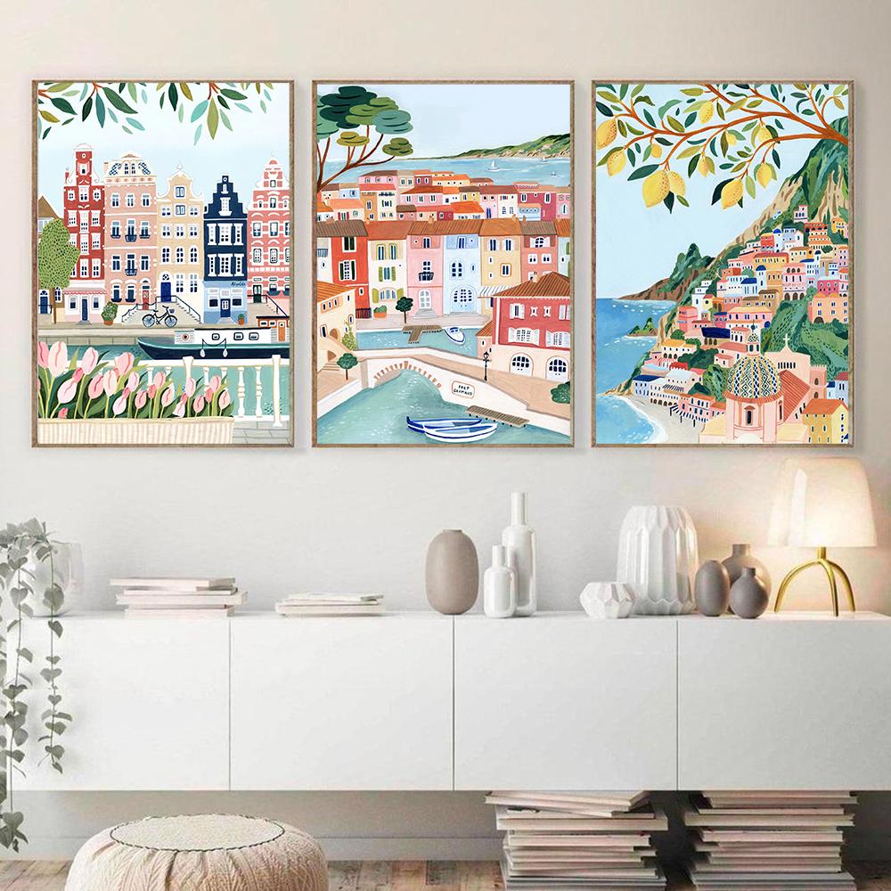 Scandinavian vintage tourist city poster Paris Lisbon Japan landscape art canvas painting gift for housewarming wall panels home decor