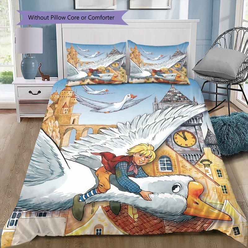 Nils Holgersson Print Duvet Cover Set 3-Piece Kids Bedding Set with Pillowcases Soft Microfiber Home Decor Gift 135x200cm