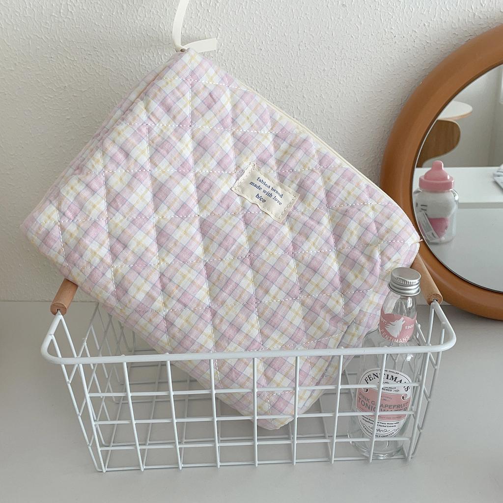 Vintage Plaid Women's Storage Bags Large Capacity Cosmetic Bag Make Up Case Soft Cotton Portable Female Clutch Purse Handbags