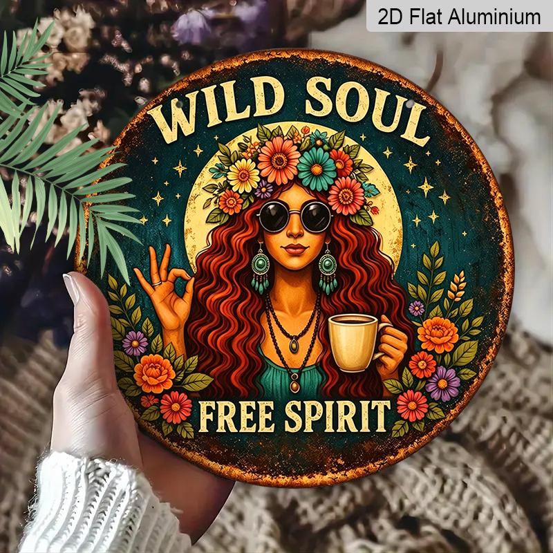 2D Flat, 1pc Round Aluminum "Wild Soul Free Spirit" Boho Woman Metal Sign, Retro Distressed Hippie Floral Print, Waterproof Rust-Proof Wall Plaque