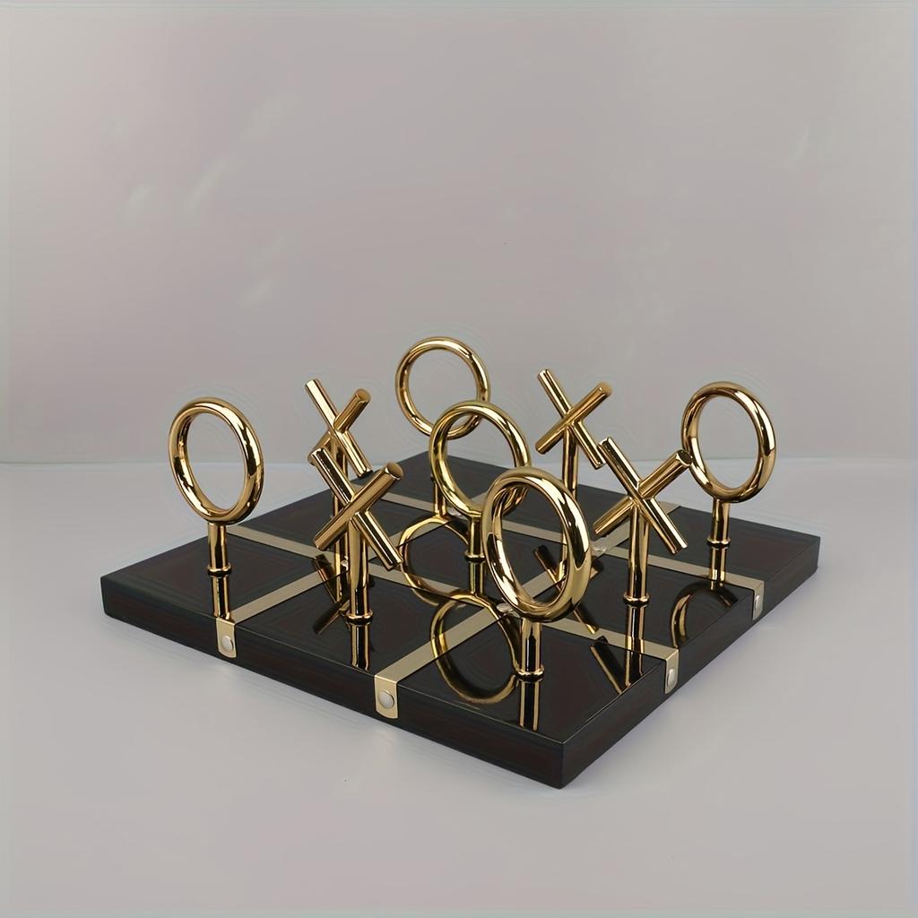 1pc Modern Creative Wooden,Metal Tic Tac Toe Game Board Decor,Black/Golden X/O Pieces, Minimalist Home Office Desk Shelf Decor Indoor Decoration,