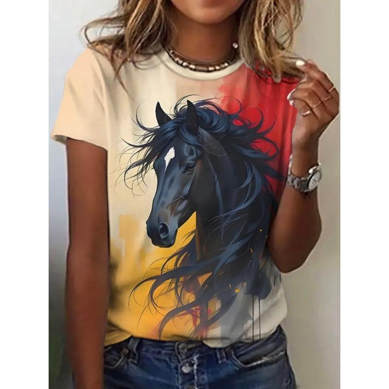 Haut décontracté à manches courtes et col rond avec imprimé animal cheval pour femme