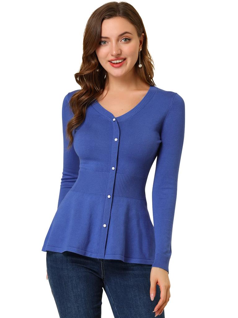 Allegra K Peplum Knit Long Solid Size L Women's Sweater, Sleeve, Color, Ribbed, Casual, Blue,