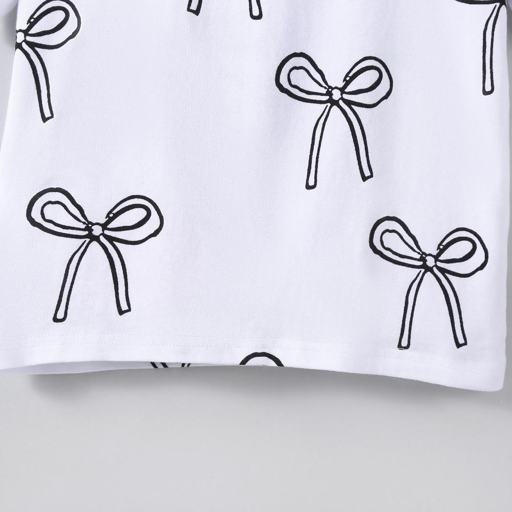 Koszulka dla dzieci 2-7 lat Dziewczynki Mieszanka bawełny Topy Casual Słodki Nadruk kokardki Lato Dziecięca Okrągły dekolt Krótki rękaw T-shirty