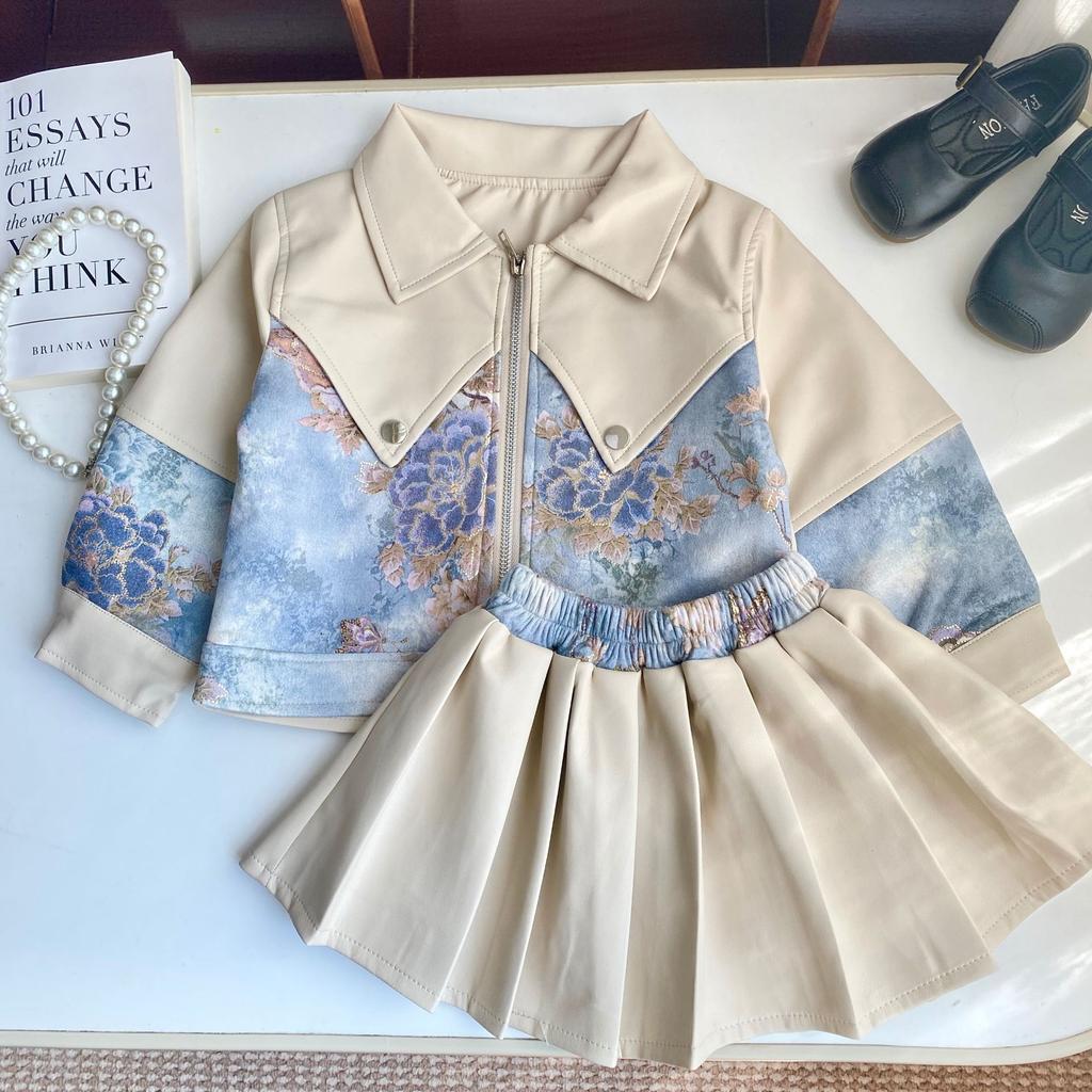 Girls' Autumn PU Leather Biker Outfit: Korean-Style Jacket & Pleated Skirt Set
