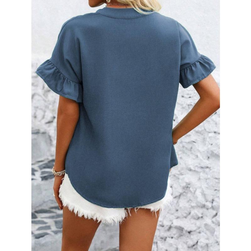 YYFS Women's Fashion Casual Summer Spring Solid Color Print Short Sleeve V-Neck Blouses & Shirts