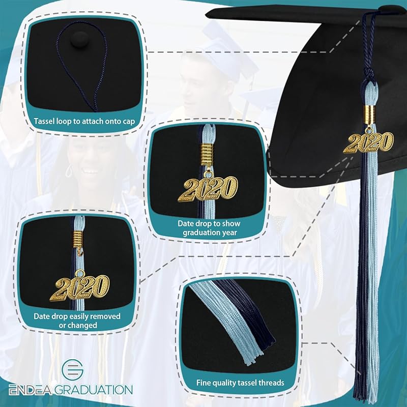 Endea Graduation Double Color Tassel with Gold Date Drop (Dark Navy Blue/Light Blue, 2020) синий