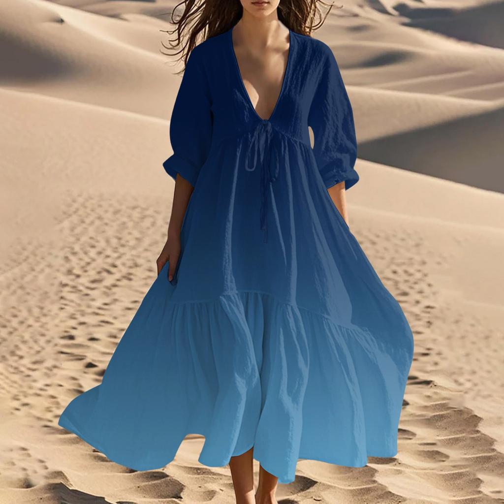 Women's Summer Fashion V-Neck Beach Long Gradient Printed Lace-Up Splicing Dresses