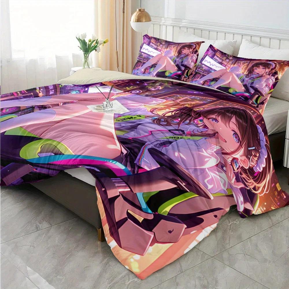 3-teiliges Bettwäsche-Set mit Anime-Mädchen-Print - Enthält 1 Bettbezug und 2 Kissenbezüge (Ohne Füllung)
