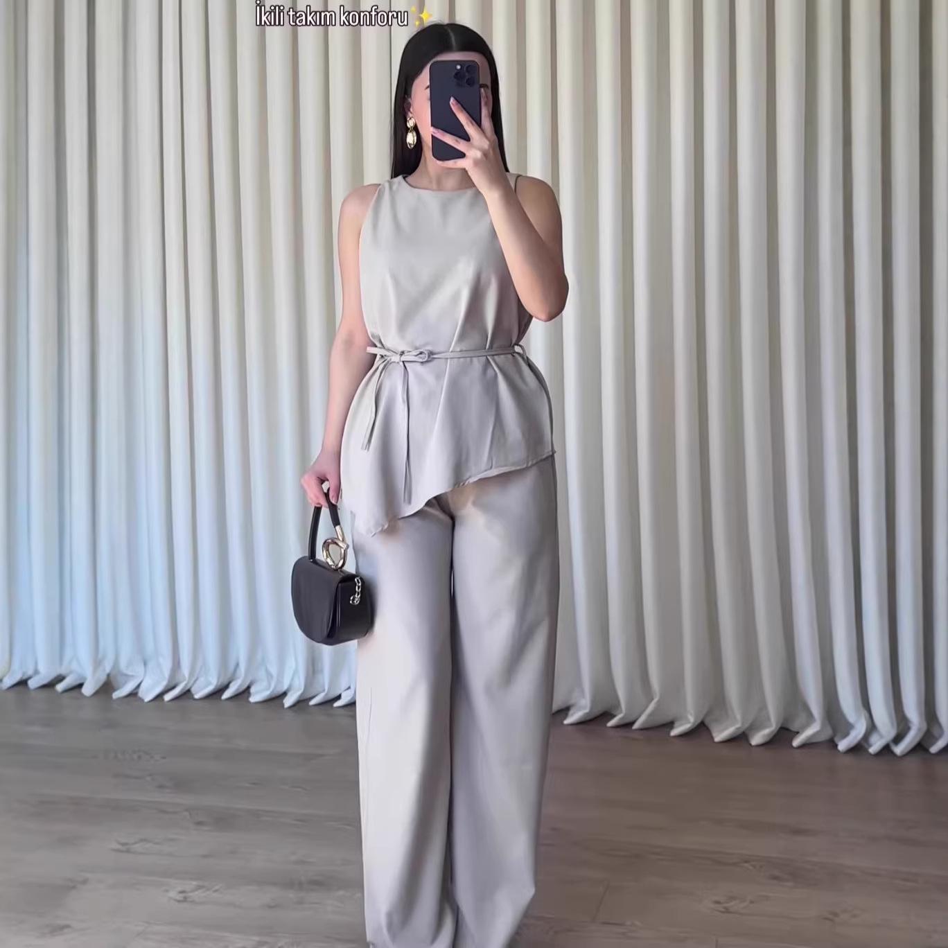 

Women s Asymmetrical Hem Sleeveless Tie-Up Top and Casual Set, Round Neck Extra Extra Large