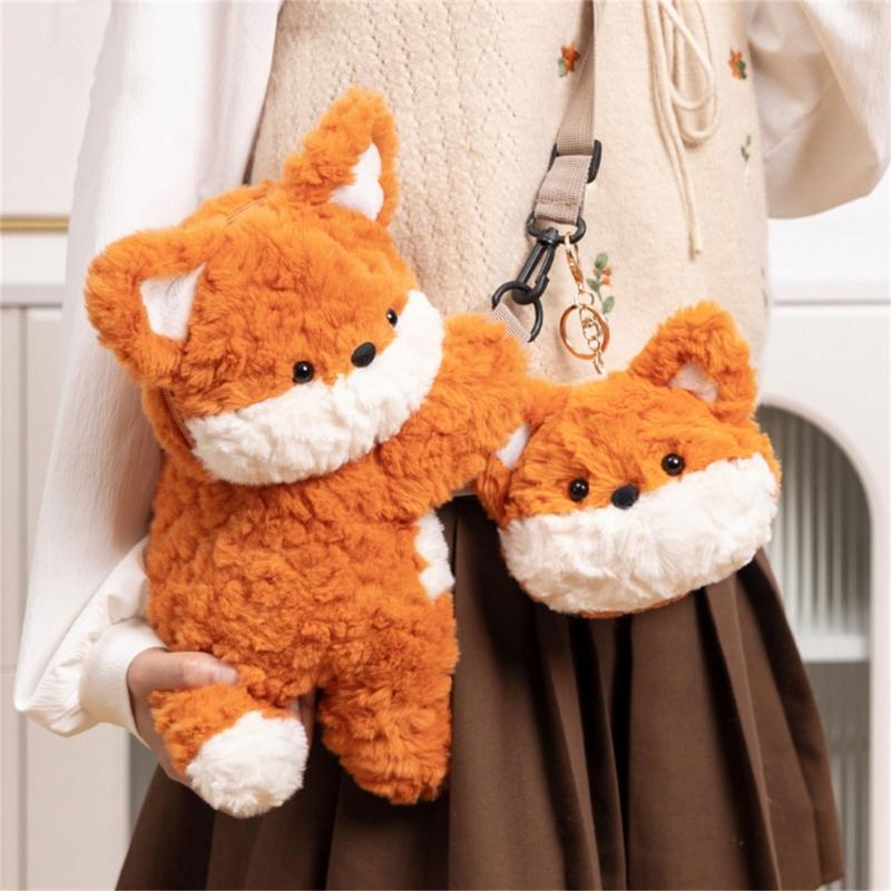 Plush Foxes Shoulder Bag Soft Crossbody Bag Girls Cartoon Backpack Lovely Animal School Bag Coin Purse for Winter