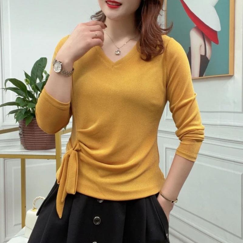 Spring and Autumn Women's Pullover V-neck Long Sleeve Solid Drawstring Folds Sequined Gauze Loose Elastic Fashion Casual Tops