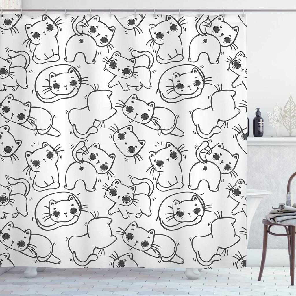 Schwarze Linie Katze Duschvorhänge Waschbarer Stoff Polyester Für Badewanne Kunst Badezimmerdekor Trennwand Mit Haken Aufhängen Wasserdicht