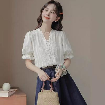 2024 Summer New Style French Lady V-neck Lace Puff Sleeve Short-sleeved White Pullover Shirt Shirt for Women