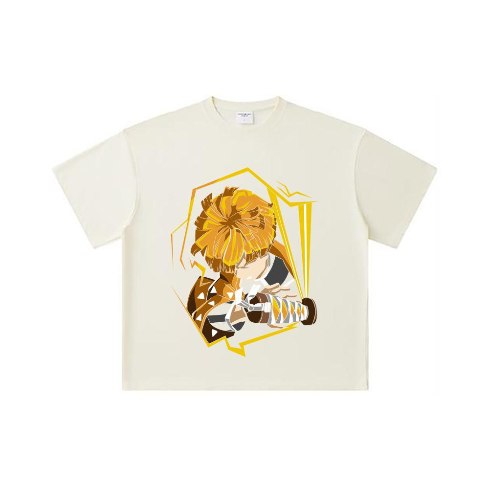 

Хлопковая футболка унисекс плотностью 260 г/м², двойная пряжа, 32-й номер, 100% хлопок, с принтом Зеницу из Demon Slayer V109 S абрикосовый