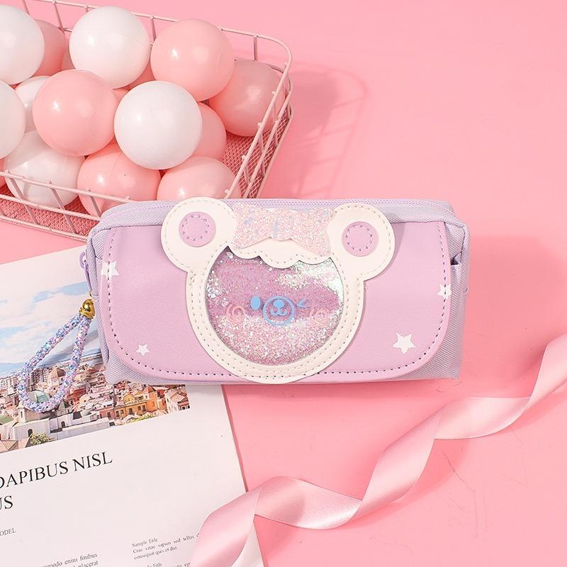 Trusa de creion pisică cu nisipuri mișcătoare Geantă de creion drăguță Trei straturi Husă de pix mare Geantă de papetărie Kawaii pentru fete Cu animale din desene animate Geantă de pix Toc de pânză pentru studenți