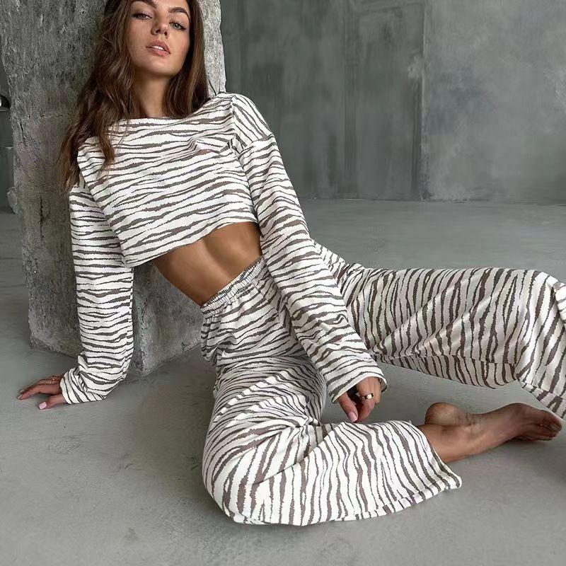 European and American Fashion Print Long Sleeve Top Trousers Set Homewear Printed Top and Pants Set