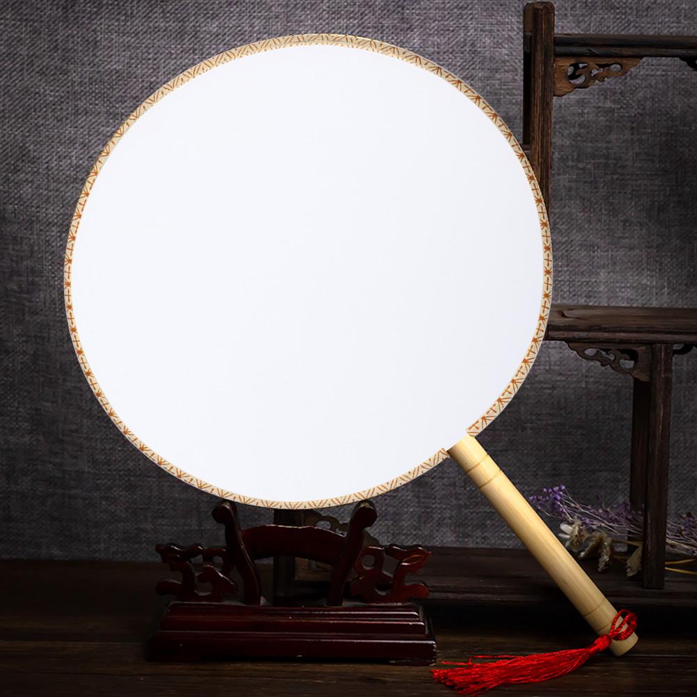 Classical Wooden Handle Round Silk Classical Fan Tassel Handle Fan Gift Decoration(Round Wooden Handle White Silk Cloth