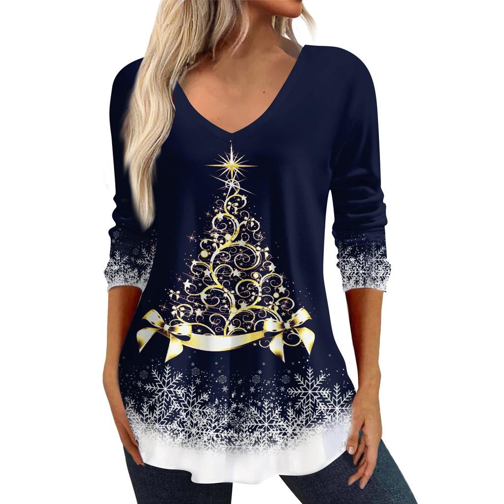 3/4 Sleeve Shirts For Women Christmas Print Graphic Tees Blouses Casual Plus Size Basic Tops Pullover