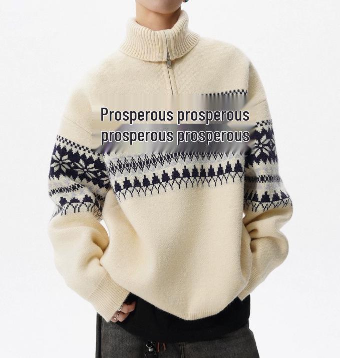 Pull Pullover Mi-Zip Unisexe Motif Flocon de Neige avec Col Montant en Laine d'Agneau