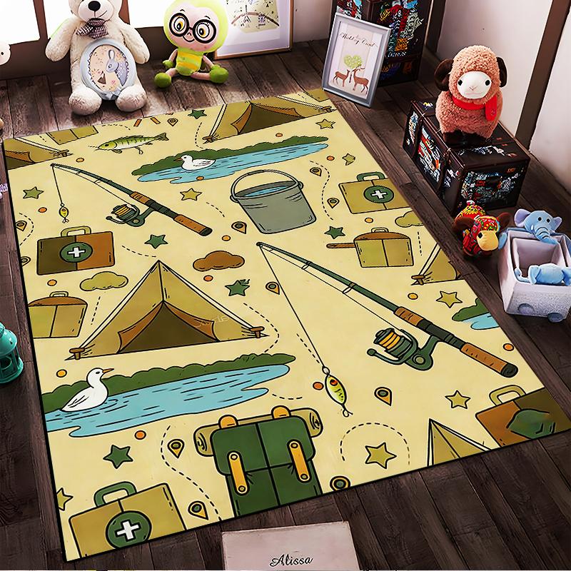 Camping and Fishing Illustrated Carpet with Tents, Gear, and Wildlife Suitable for Use As an Anti-slip for Living Room Bedroom Sofas
