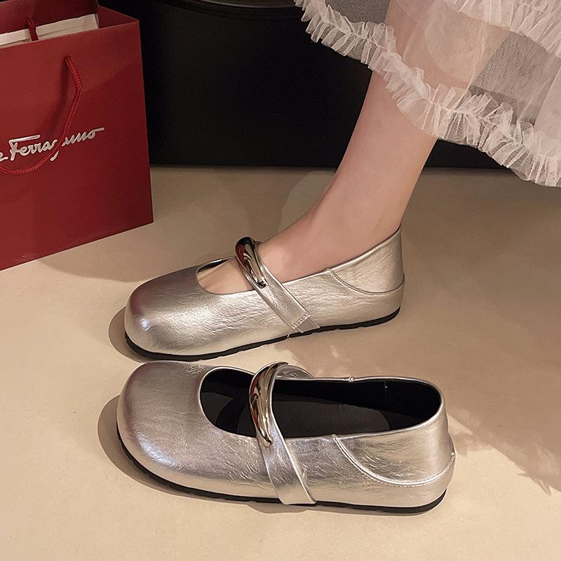 

Весна и осень 2025 года, новые туфли-шлепанцы с низким каблуком, с ремешком на подъеме, с круглым носком, женские 40 серебряный