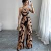 Women Sleeveless Halter Neck Strappy Printed Wide Leg Casual Jumpsuit
