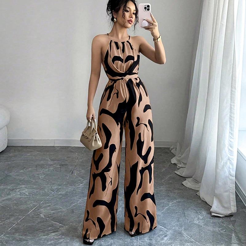Women Sleeveless Halter Neck Strappy Printed Wide Leg Casual Jumpsuit