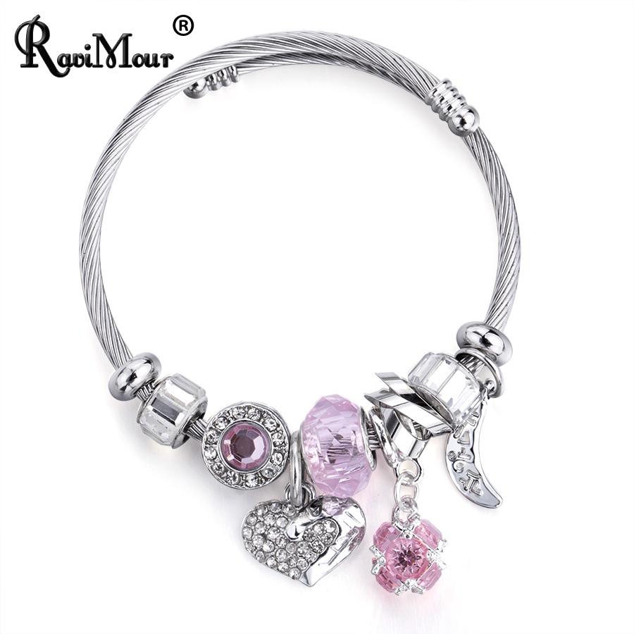 RAVIMOUR Love Heart DIY Bracelet Crystal Bead Charms Bracelets & Bangles Fashion Indian Jewelry Steel Chain Wristband Gift