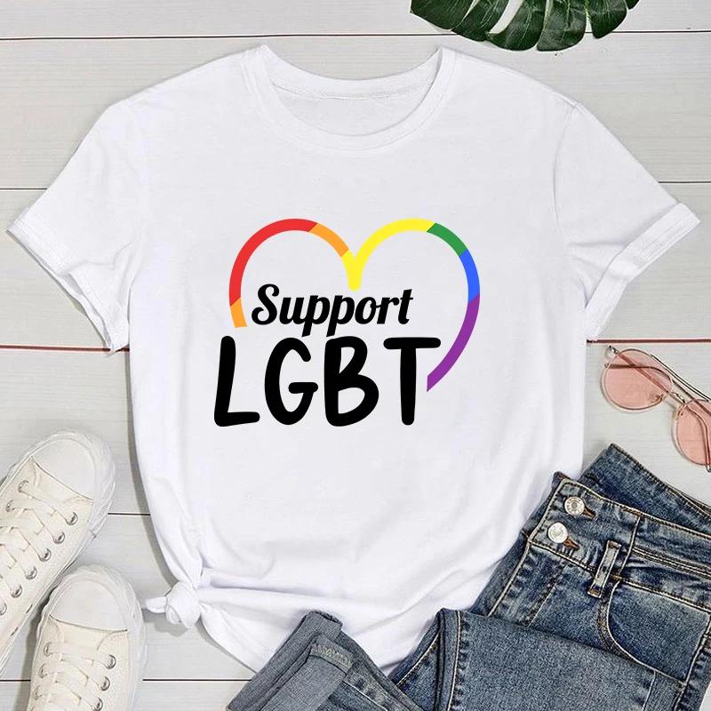 (Premium T-shirt)Support Lgbt Print T-Shirts For Women Summer Funny Round Neck Short Sleeve Casual T-Shirts