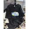 Cute Cartoon Bear Fish Print Vintage Washed Black Oversized T-Shirt Neck Short Sleeve Tee for Women Streetwear