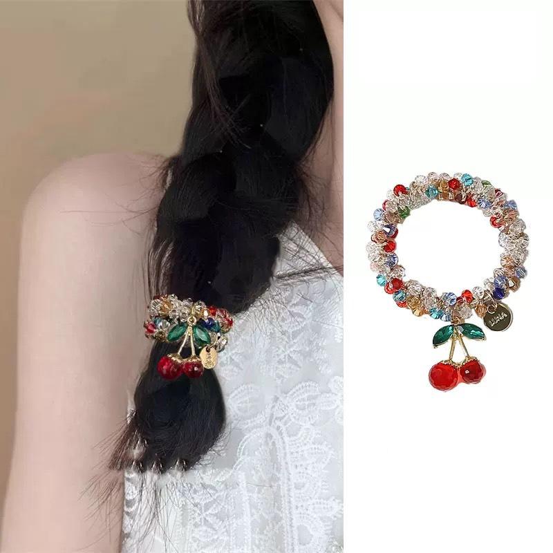 Fargerikt kirsebær elastisk hårbånd for kvinner jenter søt hårpynt scrunchie hårstrikk hårtilbehør