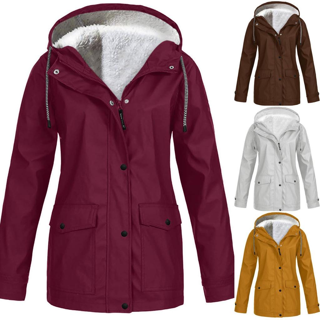 Frauen Solide Plüsch Regen Outdoor Plus Größe Mit Kapuze Regenmantel Winddichte Jacke Mantel
