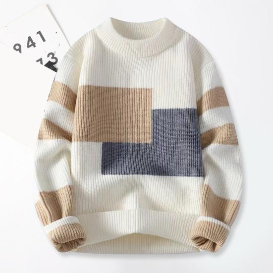 Fall Winter Men Sweater Colorblock Knitted Thick Loose Warm O Neck Long