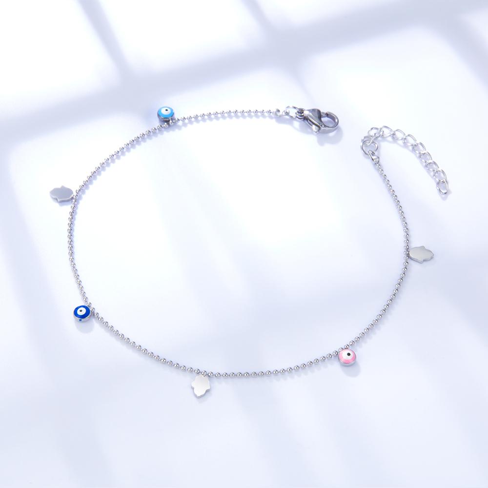 Damen Sommer Bunter Knöchelschmuck Türkische Augen Hamas Hand Anhänger Fußkettchen Chirurgenstahl Wasserdicht Einfach Strand Accessoires