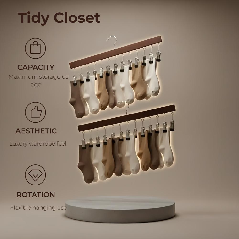 12 Clips Legging Organizer for Closet, Wooden Closet Leggings Hanger Organizer Space Saving Multi Clip Hanger for Pants Scarfs