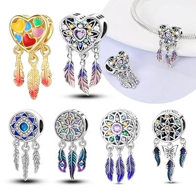 Abalorios de Corazón de Circonita Colorida de Cobre Atrapasueños Pluma Perlas Encajan Bien Pulsera Original Fabricación de Joyería Regalos Para Mujeres